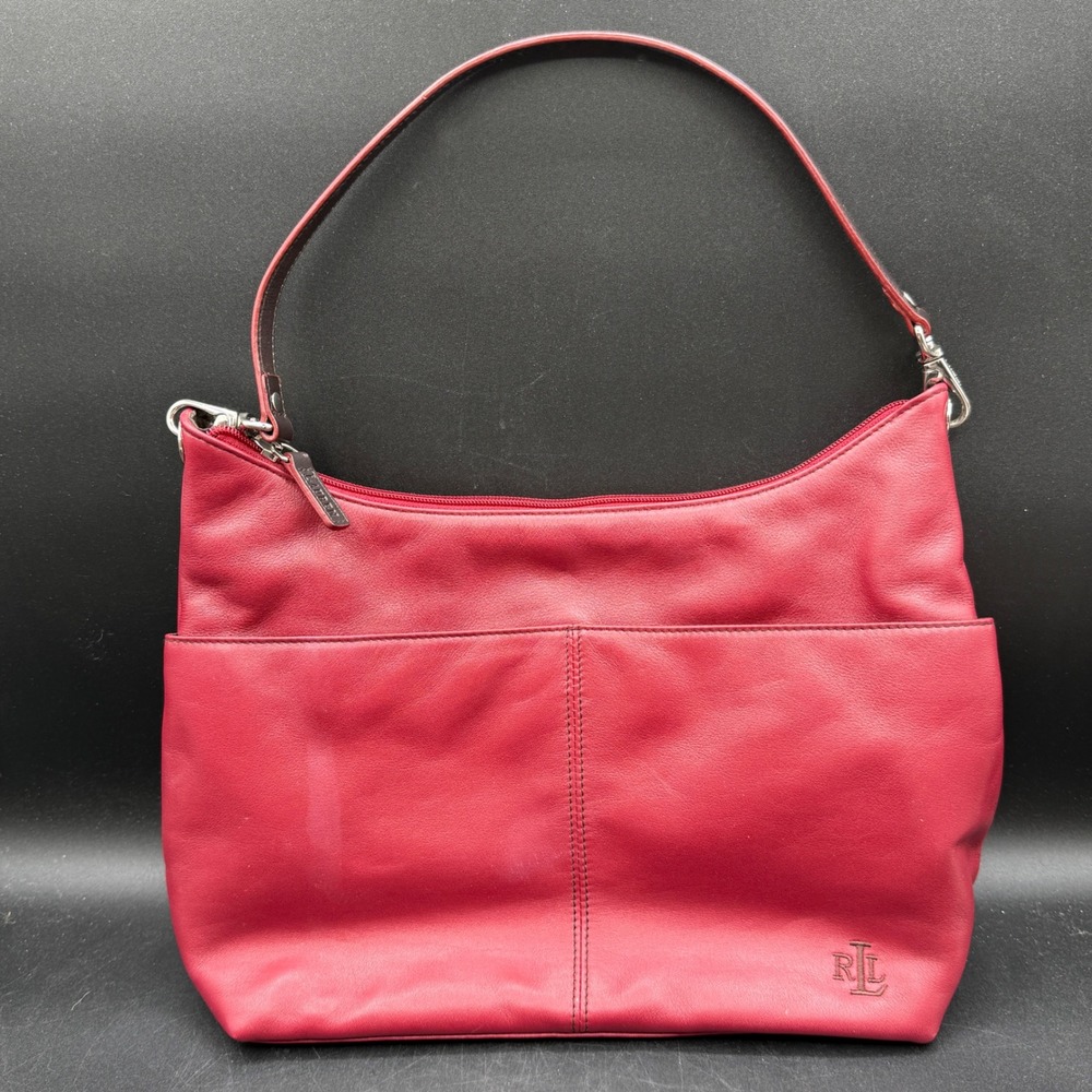 Lauren Ralph‎ Lauren Red Leather Hobo Shoulder Bag Purse Front Pocket RL Logo